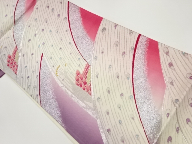 JAPANESE KIMONO / VINTAGE FUKURO OBI / WOVEN WAVY STRIPE & PEACOCK